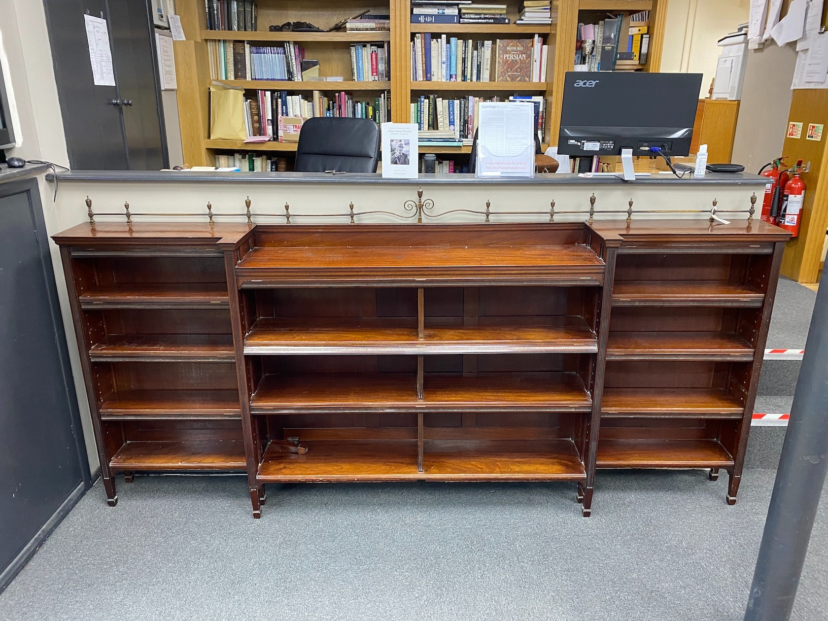 A Victorian mahogany breakfront dwarf open bookcase, length 279cm, depth 37cm, height 132cm